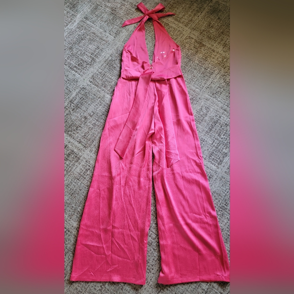 New Nookie Utopia Relaxed Full Length Wide Leg Halter Neck Jumpsuit Pink Pockets - Picture 14 of 15